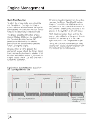 34
Engine Management
Quick-Start Function
To allow the engine to be started quickly,
the Diesel Direct Fuel Injection Engine
Control Module J248 evaluates the signals
generated by the Camshaft Position Sensor
G40 and the Engine Speed Sensor G28.
The Diesel Direct Fuel Injection Engine
Control Module J248 uses the signal that
the Camshaft Position Sensor G40
generates to determine the relative
positions of the pistons in the cylinders
when starting the engine.
Because there are two gaps on the
crankshaft sensor wheel, the Diesel Direct
Fuel Injection Engine Control Module J248
receives a usable reference signal from the
Engine Speed Sensor G28 after only half a
turn of the crankshaft.
Cylinder 1 Cylinder 3 Cylinder 4 Cylinder 2
By interpreting the signals from these two
sensors, the Diesel Direct Fuel Injection
Engine Control Module J248 determines
the position of the crankshaft in relation to
the camshaft and thus the positions of the
pistons in the cylinders at an early stage.
With this information, it can activate the
correct solenoid valve at the proper time to
initiate the injection cycle in the next
cylinder to reach the compression stage.
The quick-start function enables an early
engine start because synchronization with
the first cylinder is not required.
SSP209/095
Signal Generated
by Engine Speed
Sensor G28
Signal
Generated by
Camshaft Position
Sensor G40
One Crankshaft Rotation
One Camshaft Revolution
Signal Pattern, Camshaft Position Sensor G40
and Engine Speed Sensor G28
 