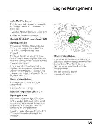 39
Engine Management
SSP209/045
Intake Manifold Sensors
The intake manifold sensors are integrated
into a single module and installed in the
intake pipe.
• Manifold Absolute Pressure Sensor G71
• Intake Air Temperature Sensor G72
Manifold Absolute Pressure Sensor G71
Signal application
The Manifold Absolute Pressure Sensor
G71 supplies a signal that is required to
check the charge pressure (boost
pressure).
The Diesel Direct Fuel Injection Engine
Control Module J248 compares the actual
measured value with the setpoint from the
charge pressure map.
If the actual value deviates from the
setpoint, the Diesel Direct Fuel Injection
Engine Control Module J248 adjusts the
charge pressure via the Wastegate Bypass
Regulator Valve N75.
Effects of signal failure
The charge pressure can no longer
be regulated.
Engine performance drops.
Intake Air Temperature Sensor G72
Signal application
The Diesel Direct Fuel Injection Engine
Control Module J248 requires the signal
generated by the Intake Air Temperature
Sensor G72 as a correction value for
computing the charge pressure.
It can then make allowance for the effect
of temperature on the density of the
charge air.
Effects of signal failure
If the Intake Air Temperature Sensor G72
signal fails, the Diesel Direct Fuel Injection
Engine Control Module J248 uses a
fixed substitute value to calculate the
charge pressure.
This can result in a drop in
engine performance.
 