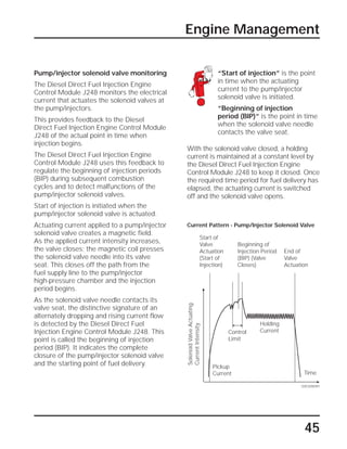 45
Engine Management
Pump/injector solenoid valve monitoring
The Diesel Direct Fuel Injection Engine
Control Module J248 monitors the electrical
current that actuates the solenoid valves at
the pump/injectors.
This provides feedback to the Diesel
Direct Fuel Injection Engine Control Module
J248 of the actual point in time when
injection begins.
The Diesel Direct Fuel Injection Engine
Control Module J248 uses this feedback to
regulate the beginning of injection periods
(BIP) during subsequent combustion
cycles and to detect malfunctions of the
pump/injector solenoid valves.
Start of injection is initiated when the
pump/injector solenoid valve is actuated.
Actuating current applied to a pump/injector
solenoid valve creates a magnetic field.
As the applied current intensity increases,
the valve closes; the magnetic coil presses
the solenoid valve needle into its valve
seat. This closes off the path from the
fuel supply line to the pump/injector
high-pressure chamber and the injection
period begins.
As the solenoid valve needle contacts its
valve seat, the distinctive signature of an
alternately dropping and rising current flow
is detected by the Diesel Direct Fuel
Injection Engine Control Module J248. This
point is called the beginning of injection
period (BIP). It indicates the complete
closure of the pump/injector solenoid valve
and the starting point of fuel delivery.
“Start of injection” is the point
in time when the actuating
current to the pump/injector
solenoid valve is initiated.
”Beginning of injection
period (BIP)” is the point in time
when the solenoid valve needle
contacts the valve seat.
With the solenoid valve closed, a holding
current is maintained at a constant level by
the Diesel Direct Fuel Injection Engine
Control Module J248 to keep it closed. Once
the required time period for fuel delivery has
elapsed, the actuating current is switched
off and the solenoid valve opens.
SSP209/097
Current Pattern - Pump/Injector Solenoid Valve
Beginning of
Injection Period
(BIP) (Valve
Closes)
Time
SolenoidValveActuating
CurrentIntensity
End of
Valve
Actuation
Start of
Valve
Actuation
(Start of
Injection)
Pickup
Current
Control
Limit
Holding
Current
 