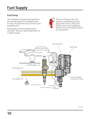 There is a fitting on the fuel
pump for connecting pressure
gauge VAS 5187 to check the
fuel pressure in the supply line.
Please refer to the Repair Manual
for instructions.
Fuel Supply
10
Fuel Pump
The fuel pump is located directly behind
the vacuum pump at the cylinder head.
It moves the fuel from the fuel tank to the
pump/injectors.
Both pumps are driven jointly by the
camshaft. They are collectively known as
a tandem pump.
Fuel Return Line
SSP209/049
Pressure Gauge
Connection Fitting
Fuel Pump
Vacuum Pump
Fuel Supply Line
 