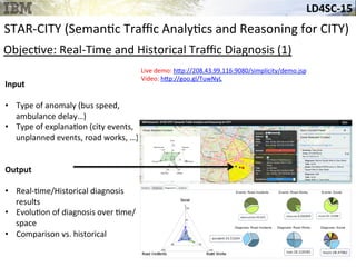 LD4SC-­‐15	
  
Miami,	
  USA	
  
STAR-­‐CITY	
  (Seman&c	
  Traﬃc	
  Analy&cs	
  and	
  Reasoning	
  for	
  CITY)	
  
Input	
  
•  Type	
  of	
  anomaly	
  (bus	
  speed,	
  
ambulance	
  delay…)	
  
•  Type	
  of	
  explana&on	
  (city	
  events,	
  
unplanned	
  events,	
  road	
  works,	
  …)	
  
Output	
  
•  Impact	
  of	
  events	
  and	
  their	
  
characteris&cs	
  on	
  anomalies	
  
	
  
Input	
  
•  Type	
  of	
  anomaly	
  (bus	
  speed,	
  
ambulance	
  delay…)	
  
•  Type	
  of	
  explana&on	
  (city	
  events,	
  
unplanned	
  events,	
  road	
  works,	
  …)	
  
Output	
  
•  Real-­‐&me/Historical	
  diagnosis	
  
results	
  
•  Evolu&on	
  of	
  diagnosis	
  over	
  &me/
space	
  
•  Comparison	
  vs.	
  historical	
  
	
  
Objec&ve:	
  Real-­‐Time	
  and	
  Historical	
  Traﬃc	
  Diagnosis	
  (1)	
  
Live	
  demo:	
  h_p://208.43.99.116:9080/simplicity/demo.jsp	
  
Video:	
  h_p://goo.gl/TuwNyL	
  
 