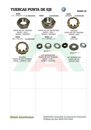 Metal Americana Distribuidor Mayorista de Repuestos Automotor
Pedidos por fax: 0800-999-9600
TUERCAS PUNTA DE EJE
R
PAGINA 30
10 UNIDADES 10 UNIDADES
10 UNIDADES
10 UNIDADES
4335
6080840
4026
171 / 407643 / A
PUNTA DE EJE TRASERA
GACEL / GOL /
SENDA / SAVEIRO
4343
PUNTA DE EJE DELANTERA
GACEL / GOL /
SENDA / SAVEIRO
SEGURO
PUNTA DE EJE TRASERA
DODGE 1500
4334
803 / 501221
SEGURO
PUNTA DE EJE TRASERA
GACEL / SENDA / GOL
4026 / C
171 / 407643 / A
KIT REPARACION
PUNTA DE EJE TRASERA
GACEL / GOL /
SENDA / SAVEIRO
4355
71237448
KIT REPARACION
PUNTA DE EJE
DODGE 1500
 