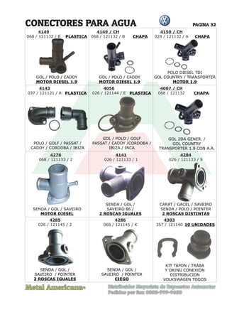 Metal Americana Distribuidor Mayorista de Repuestos Automotor
Pedidos por fax: 0800-999-9600
R
PAGINA 32
CONECTORES PARA AGUA
GOL / POLO / CADDY
MOTOR DIESEL 1.9
PLASTICA
PLASTICA
PLASTICA
CHAPA
CHAPA
10 UNIDADES
CHAPA
GOL / POLO / CADDY
MOTOR DIESEL 1.9
POLO / GOLF / PASSAT /
CADDY / CORDOBA / IBIZA
GOL / POLO / GOLF
PASSAT / CADDY /CORDOBA /
IBIZA / INCA
SENDA / GOL / SAVEIRO
MOTOR DIESEL
SENDA / GOL /
SAVEIRO / POINTER
CIEGO
KIT TAPON / TRABA
Y ORING CONEXION
DISTRIBUCION
VOLKSWAGEN TODOS
GOL 2DA GENER. /
GOL COUNTRY
TRANSPORTER 1.9 CON A.A.
CARAT / GACEL / SAVEIRO
SENDA / POLO / POINTER
2 ROSCAS DISTINTAS
POLO DIESEL TDI
GOL COUNTRY / TRANSPORTER
MOTOR 1.9
4150 / CH
028 / 121132 / A
4143
037 / 121121 / A
4276
068 / 121133 / 2
4285
026 / 121145 / 2
4141
026 / 121133 / 1
4284
026 / 121133 / 9
4149
068 / 121132 / B
4149 / CH
068 / 121132 / B
4286
068 / 121145 / K
4303
357 / 121140
4007 / CH
068 / 121132
4056
026 / 121144 / E
SENDA / GOL /
SAVEIRO 86 /
2 ROSCAS IGUALES
SENDA / GOL /
SAVEIRO / POINTER
2 ROSCAS IGUALES
 