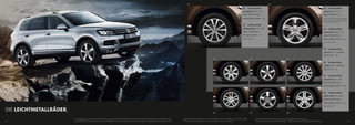 01                                                                                                                                      02
                                                                                                                                                                                                                                                                                              01        Leichtmetallrad                                                                                                                       03      Leichtmetallrad
                                                                                                                                                                                                                                                                                                               1), 2)
                                                                                                                                                                                                                                                                                              „Karakum“                 , 8 J x 18,                                                                                                           „Sonora“ 1), 7½ J x 17,
                                                                                                                                                                                                                                                                                              Reifen 255/55 R 18, in                                                                                                                          Reifen 235/65 R 17.         |S

                                                                                                                                                                                                                                                                                              Sterling-Silber lackiert.             | SO                                                                                                      Nur für V6/V6 TDI.* Radschraubenabde-
                                                                                                                                                                                                                                                                                                                                                                                                                                              ckung verchromt nur mit Design-Paketen
                                                                                                                                                                                                                                                                                                                                                                                                                                              und R-Line-Paket „Exterieur“.

                                                                                                                                                                                                                                                                                              02        Leichtmetallrad
                                                                                                                                                                                                                                                                                              „Metropolitan“, 9 J x 20,                                                                                                                       04      Leichtmetallrad
                                                                                                                                                                                                                                                                                              Reifen 275/45 R 20,                                                                                                                             „Atacama“2), 7½ J x 17,
                                                                                                                                                                                                                                                                                              hochglanzpoliert.              | SO                                                                                                             Reifen 255/60 R 17, in
                                                                                                                                                                                                                                                                                              Nicht für Hybrid.*                                                                                                                              Sterling-Silber lackiert.        | SO

                                                                                                                                                                                                                                                                                                                                                                                                                                              Nur für V6/V6 TDI.*



                                                                                                                                                                                                                                                                                                                                                                                                                                              05      Leichtmetallrad
                                                                                                                                                                                                                                                                                                                                                                                                                                              „Tacora“, 8 J x 18, Reifen
                                                                                                                                                                                                                                                                                                                                                                                                                                              255/55 R 18.         | V8

                                                                                                                                                                                                                                               03                                                         04                                                                 05
                                                                                                                                                                                                                                                                                                                                                                                                                                              06      Leichtmetallrad
                                                                                                                                                                                                                                                                                                                                                                                                                                              „Yukon“2), 8 J x 18, Reifen
                                                                                                                                                                                                                                                                                                                                                                                                                                              255/55 R 18.         |H



                                                                                                                                                                                                                                                                                                                                                                                                                                              07      Leichtmetallrad
                                                                                                                                                                                                                                                                                                                                                                                                                                              „Everest“2), 8½ J x 19,
                                                                                                                                                                                                                                                                                                                                                                                                                                              Reifen 265/50 R 19, in
                                                                                                                                                                                                                                                                                                                                                                                                                                              Sterling-Silber lackiert.        | SO



                                                                                                                                                                                                                                                                                                                                                                                                                                              08      Leichtmetallrad
                                                                                                                                                                                                                                                                                                                                                                                                                                              „Pikes Peak“, 9 J x 20,
                                                                                                                                                                                                                                                                                                                                                                                                                                              Reifen 275/45 R 20, in
                                                                                                                                                                                                                                                                                                                                                                                                                                              Sterling-Silber lackiert.        | SO

                                                                                                                                                                                                                                                                                                                                                                                                                                              Nicht für Hybrid.*


DIE LEICHTMETALLRÄDER.                                                                                                                                                                                                                         06                                                         07                                                                 08


                         Unsere Fahrzeuge sind serienmäßig mit Sommerreifen ausgestattet. Seit dem 04.12.2010 sind Sie in der Bundesrepublik Deutschland gesetzlich verpflichtet, Ihr Fahr-    Serienausstattung (V6/V6 TDI)* | S Serie bei V8 TDI* | V8 Serie bei Hybrid* | H Sonderausstattung | SO                   Alle Leichtmetallräder mit Radsicherungen und verchromten Radschraubenabdeckungen.
50                       zeug bei Glatteis, Schneeglätte, Schneematsch, Eis- oder Reifglätte mit M+S-Reifen oder Ganzjahresreifen auszustatten. Ihr Volkswagen Partner berät Sie gern dabei.   *Informationen über Kraftstoffverbrauch und CO2-Emissionen finden Sie auf Seite 18.                                      1) Optional ist dieses Rad mit Winterreifen erhältlich. 2) Optional ist dieses Rad mit Ganzjahresreifen erhältlich.                                            51
 