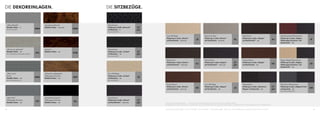 DIE DEKOREINLAGEN.                                                                          DIE SITZBEZÜGE.


 „Silber Metallic“                                     „Nussbaum-Wurzel“                    Titanschwarz
 Metallic-Dekor           |S                           Edelholz-Dekor | V8 | H | SO         Sitzbezug in Stoff „Network“      JJ/
                                                 5MA                                  5MG
 Nur für V6/V6 TDI.*                                                                        auf Basissitz | S                 JU1)
                                                                                            Nur für V6/V6 TDI.*


                                                                                                                                       Corn Silk Beige                                                          Moonrock Grey                                                         Naturbraun                                                 Dark Burgundy/Titanschwarz
                                                                                                                                       Sitzbezug in Leder „Vienna“                                              Sitzbezug in Leder „Vienna“                                           Sitzbezug in Leder „Nappa“                                 Sitzbezug in Leder „Nappa
                                                                                                                                       auf Komfortsitz | V8 | H | SO
                                                                                                                                                                                               JZ               auf Komfortsitz | V8 | H | SO
                                                                                                                                                                                                                                                                      KL              auf Komfortsitz2) | SO
                                                                                                                                                                                                                                                                                                                                          KJ     Volkswagen Exclusive“ auf
                                                                                                                                                                                                                                                                                                                                                                                     IF
                                                                                                                                                                                                                                                                                                                                                 Komfortsitz2) | SO


 „Aluminium gebürstet“                                 „Vavona“                             Titanschwarz
 Metallic-Dekor | SO                                   Edelholz-Dekor     | SO              Sitzbezug in Leder „Cricket“      JJ/
                                                 5TE                                  5TW
 Nur in Verbindung mit Sportpaket „Interieur“.                                              auf Basissitz | SO                JU1)
                                                                                            Nur für V6/V6 TDI.*


                                                                                                                                       Naturbraun                                                               Titanschwarz                                                          Furioso-Braun                                              Pepper Beige/Titanschwarz
                                                                                                                                       Sitzbezug in Leder „Vienna“                                              Sitzbezug in Leder „Nappa“                           JJ/              Sitzbezug in Leder „Nappa“                                 Sitzbezug in Leder „Nappa
                                                                                                                                                                                               KJ                                                                                                                                         KK                                         IG
                                                                                                                                       auf Komfortsitz2) | V8 | H | SO                                          auf Komfortsitz2) | V8 | H | SO                      JU1)             auf Komfortsitz | SO                                       Volkswagen Exclusive“ auf
                                                                                                                                                                                                                                                                                                                                                 Komfortsitz2) | SO


 „Silver Lane“                                         „Olivesche seidenglanz“              Corn Silk Beige
 R-Line                                                Volkswagen Exclusive                 Sitzbezug in Leder „Cricket“
 Metallic-Dekor           | SO
                                                 5MU   Edelholz-Dekor | SO
                                                                                      5MT   auf Basissitz | SO
                                                                                                                              JZ
 Nur für R-Line-Paket „Plus“.                                                               Nur für V6/V6 TDI.*


                                                                                                                                       Furioso-Braun                                                            Corn Silk Beige                                                       Titanschwarz                                               Flint Grau/Titanschwarz
                                                                                                                                       Sitzbezug in Leder „Vienna“                                              Sitzbezug in Leder „Nappa“                                            Sitzbezug in Leder „Alcantara/                      JJ/    Sitzbezug in Leder „Nappa R-Line“
                                                                                                                                                                                              KK                                                                      JZ                                                                                                             OK
                                                                                                                                       auf Komfortsitz | V8 | H | SO                                            auf Komfortsitz | SO                                                  Nappa“ auf Sportsitz | SO                           JU1)   auf Sportsitz | SO
                                                                                                                                                                                                                                                                                                                                                 Nur für R-Line-Paket „Plus“.




 „Silver Net“                                          „Klavierlack schwarz“                Titanschwarz
 Volkswagen Exclusive                                  Volkswagen Exclusive                 Sitzbezug in Leder „Vienna“       JJ/
                                                 7TF                                  5TL
 Metallic-Dekor | SO                                   Edelholz-Dekor | SO                  auf Komfortsitz2) | V8 | H | SO   JU1)   1) Bestellschlüssel „Sportpaket Interieur“. 2) Auf Wunsch mit einer Klimafunktion und Perforation für Fahrer und Beifahrer erhältlich.
                                                                                                                                     Die Abbildungen auf diesen Seiten können nur Anhaltspunkte sein. Die Druckfarben können die Lackierungen, Dekoreinlagen und Sitzbezüge nicht so schön wiedergeben, wie sie in Wirklichkeit sind.


62                                                                                                                                   Serienausstattung (V6/V6 TDI)* | S   Serie bei V8 TDI* | V8   Serie bei Hybrid* | H   Sonderausstattung | SO   *Informationen über Kraftstoffverbrauch und CO2-Emissionen finden Sie auf Seite 18.                                                   63
 