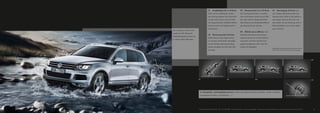 01      Steigfähigkeit: bis zu 45 Grad.                       03       Rampenwinkel: bis zu 27 Grad.                      05     Querneigung: 35 Grad. Auch
                                                Selbst extreme Steilhänge meistert                            Der Touareg überwindet so manches,                          auf schrägen Fahrbahnen fährt der
                                                der Touareg spielend. Doch kontrollie-                        ohne aufzusetzen. Achten Sie auf Mul-                       Touareg sicher. Sollte er sich jedoch zu
                                                ren Sie vorher besser, was sich hinter                        den oder weiche Untergründe hinter                          weit neigen, bremsen Sie nicht, son-
                                                der Kuppe befindet. Schließlich blicken                       dem Hindernis, die die Bodenfreiheit un-                    dern lenken Sie das Fahrzeug rasch in
                                                Sie bei enormer Schräglage direkt in                          günstig beeinflussen könnten.                               Richtung Falllinie, um es sicher abfan-
                                                den Himmel.                                                                                                               gen zu können.
Der Touareg ist mehr als ein
                                                                                                              04       Wattiefe: bis zu 580 mm. Auch
moderner SUV. Klassische
                                                02      Böschungswinkel: 30 Grad.                             Gewässer durchquert der Touareg
Geländetugenden machen ihn
                                                Wälle, Dämme oder Hügel machen                                spielend. Fahren Sie mit der Fließrich-
zu einem echten Offroader.
                                                im Touareg richtig Spaß. Vermeiden                            tung hinein und dann konstant zum
                                                Sie das Schalten während der Steig-                           gegenüberliegenden Ufer. Und: Ver-
                                                phase und geben Sie nicht mehr Gas                            meiden Sie Bugwellen.
                                                                                                                                                                          Steigfähigkeit, Böschungswinkel, Rampenwinkel und Wat-
                                                als nötig.                                                                                                                tiefe variieren je nach Motorisierung und Ausstattung.




                                                                                                                                                                                                                                    04




                               01                                                   02                                                    03                                                                                        05




                                 Der Berganfahr- und Bergabfahrassistent (o. Abb.) unterstützt den Fahrer per Motor-, Schalt- und Brems-
                                 management bei Steig- und Abfahrten.                        |S




                               Serienausstattung (V6/V6 TDI)* | S   Serie bei V8 TDI* | V8   Serie bei Hybrid* | H   Sonderausstattung | SO   *Informationen über Kraftstoffverbrauch und CO2-Emissionen finden Sie auf Seite 18.        13
 