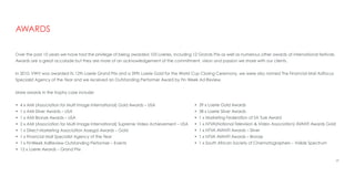 Over the past 10 years we have had the privilege of being awarded 103 Loeries, including 12 Grands Prix as well as numerous other awards at international festivals.
Awards are a great accolade but they are more of an acknowledgement of the commitment, vision and passion we share with our clients.
In 2010, VWV was awarded its 12th Loerie Grand Prix and a 39th Loerie Gold for the World Cup Closing Ceremony, we were also named The Financial Mail Adfocus
Specialist Agency of the Year and we received an Outstanding Performer Award by Fin Week Ad Review.
More awards in the trophy case include:
• 4 x AMI (Association for Multi Image International) Gold Awards – USA
• 1 x AMI Silver Awards – USA
• 1 x AMI Bronze Awards – USA
• 2 x AMI (Association for Multi Image International) Supreme Video Achievement – USA
• 1 x Direct Marketing Association Assegai Awards – Gold
• 1 x Financial Mail Specialist Agency of the Year
• 1 x FinWeek AdReview Outstanding Performer – Events
• 12 x Loerie Awards – Grand Prix
29
AWARDS
• 39 x Loerie Gold Awards
• 38 x Loerie Silver Awards
• 1 x Marketing Federation of SA Tusk Award
• 1 x NTVA(National Television & Video Association) AVANTI Awards Gold
• 1 x NTVA AVANTI Awards – Silver
• 1 x NTVA AVANTI Awards – Bronze
• 1 x South African Society of Cinematographers – Visible Spectrum
 