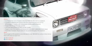 09
Solution
• Transformed the town of Clarens in the Free State into MINI-ville for a weekend
• Created an entertainment venue in the town square featuring acts such as
Dj Phonogenic, Cassette, MINI ambassadors Goldfish and DJ Euphonic
• Staged MINI-through-the-ages parades
• Launched MINI Mayfair and MINI Camden models
• Staged a host of fun events in and around the town which celebrated brand values
• World Rally Champion, Rauno Aaltonen was present throughout the weekend
Result
This evangelical MINI experience was attended by over 1000 MINI fans, some of whom drove
from as far away as Cape Town
http://vimeo.com/26367318
http://www.flickr.com/photos/64924461@N02/sets/72157627224762388/
 