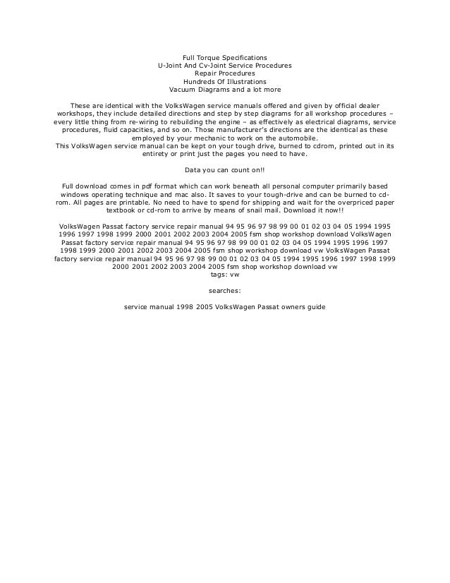 1994 2005 vw volkswagen passat owner s service repair manual servi