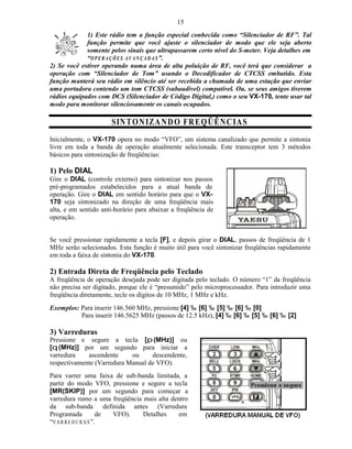 15
             1) Este rádio tem a função especial conhecida como “Silenciador de RF”. Tal
             função permite que você ajuste o silenciador de modo que ele seja aberto
             somente pelos sinais que ultrapassarem certo nível do S-meter. Veja detalhes em
             “O P E R A Ç Õ E S A V A N Ç A D A S ”.
2) Se você estiver operando numa área de alta poluição de RF, você terá que considerar a
operação com “Silenciador de Tom” usando o Decodificador de CTCSS embutido. Esta
função manterá seu rádio em silêncio até ser recebida a chamada de uma estação que enviar
uma portadora contendo um tom CTCSS (subaudível) compatível. Ou, se seus amigos tiverem
rádios equipados com DCS (Silenciador de Código Digital,) como o seu VX-170, tente usar tal
modo para monitorar silenciosamente os canais ocupados.

                      SIN T O N IZA N D O FR E QÜ Ê N CIA S
Inicialmente, o VX-170 opera no modo “VFO”, um sistema canalizado que permite a sintonia
livre em toda a banda de operação atualmente selecionada. Este transceptor tem 3 métodos
básicos para sintonização de freqüências:

1) Pelo DIAL
Gire o DIAL (controle externo) para sintonizar nos passos
pré-programados estabelecidos para a atual banda de
operação. Gire o DIAL em sentido horário para que o VX-
170 seja sintonizado na direção de uma freqüência mais
alta, e em sentido anti-horário para abaixar a freqüência de
operação.


Se você pressionar rapidamente a tecla [F], e depois girar o DIAL, passos de freqüência de 1
MHz serão selecionados. Esta função é muito útil para você sintonizar freqüências rapidamente
em toda a faixa de sintonia do VX-170.

2) Entrada Direta de Freqüência pelo Teclado
A freqüência de operação desejada pode ser digitada pelo teclado. O número “1” da freqüência
não precisa ser digitado, porque ele é “presumido” pelo microprocessador. Para introduzir uma
freqüência diretamente, tecle os dígitos de 10 MHz, 1 MHz e kHz.
Exemplos: Para inserir 146.560 MHz, pressione [4] ‰ [6] ‰ [5] ‰ [6] ‰ [0]
          Para inserir 146.5625 MHz (passos de 12.5 kHz), [4] ‰ [6] ‰ [5] ‰ [6] ‰ [2]

3) Varreduras
Pressione e segure a tecla [p (MHz)] ou
[q (MHz)] por um segundo para iniciar a
varredura    ascendente     ou     descendente,
respectivamente (Varredura Manual de VFO).
Para varrer uma faixa de sub-banda limitada, a
partir do modo VFO, pressione e segure a tecla
[MR(SKIP)] por um segundo para começar a
varredura rumo a uma freqüência mais alta dentro
da sub-banda definida antes (Varredura
Programada             de VFO). Detalhes    em
“V A R R E D U R A S ”.
 