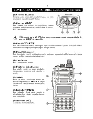 6

CONTROLES E CONECTORES (PAINEL FRONTAL E SUPERIOR)
(1) Conector de Antena
Conecte aqui a antena de borracha fornecida (ou outra
antena com impedância de 50 Ohms).

(2) Conector MIC/SP
Este conector tipo miniatura de 4 condutores conecta
pontos de áudio de microfone, áudio de fone de ouvido,
PTT e aterramento.



         NÃO permita que o VX-170 fique submerso em água quando a tampa plástica do
         conector MIC/SP for removida.

(3) Controle VOL/PWR
Gire este controle em sentido horário para ligar o rádio e aumentar o volume. Gire-o em sentido
anti-horário até sua posição de parada para desligar o rádio.

(4) DIAL (Sintonizador)
Este sintonizador com 20 posições (internas) é usado para ajustes de freqüências, em seleções de
menu e também para outros tipos de ajustes.

(5) Alto-Falante
Este é o alto-falante interno.

(6) Display de Cristal Líquido
Este display mostra as atuais condições
operacionais, conforme será descrito a
seguir.

(7) Teclado
Estas 16 teclas selecionam muitas das
funções importantes do VX-170. A função
de cada tecla será descrita em detalhes mais
adiante.

(8) Indicador TX/BUSY
Este indicador ficará verde quando o
silenciador abrir, e ficará vermelho durante
uma transmissão.

(9) Microfone (MIC)
Aqui está o microfone interno.
 