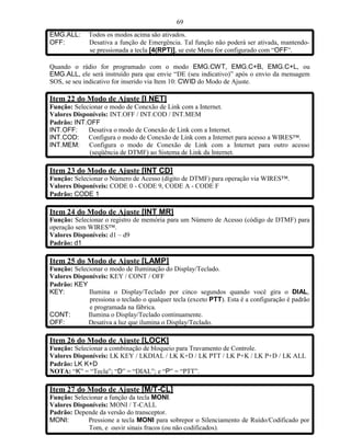 69
EMG.ALL:      Todos os modos acima são ativados.
OFF:          Desativa a função de Emergência. Tal função não poderá ser ativada, mantendo-
              se pressionada a tecla [4(RPT)], se este Menu for configurado com “OFF”.

Quando o rádio for programado com o modo EMG.CWT, EMG.C+B, EMG.C+L, ou
EMG.ALL, ele será instruído para que envie “DE (seu indicativo)” após o envio da mensagem
SOS, se seu indicativo for inserido via Item 10: CWID do Modo de Ajuste.

Item 22 do Modo de Ajuste [I NET]
Função: Selecionar o modo de Conexão de Link com a Internet.
Valores Disponíveis: INT.OFF / INT.COD / INT.MEM
Padrão: INT.OFF
INT.OFF:     Desativa o modo de Conexão de Link com a Internet.
INT.COD: Configura o modo de Conexão de Link com a Internet para acesso a WIRES™.
INT.MEM: Configura o modo de Conexão de Link com a Internet para outro acesso
             (seqüência de DTMF) ao Sistema de Link da Internet.

Item 23 do Modo de Ajuste [INT CD]
Função: Selecionar o Número de Acesso (dígito de DTMF) para operação via WIRES™.
Valores Disponíveis: CODE 0 - CODE 9, CODE A - CODE F
Padrão: CODE 1

Item 24 do Modo de Ajuste [INT MR]
Função: Selecionar o registro de memória para um Número de Acesso (código de DTMF) para
operação sem WIRES™.
Valores Disponíveis: d1 – d9
Padrão: d1

Item 25 do Modo de Ajuste [LAMP]
Função: Selecionar o modo de Iluminação do Display/Teclado.
Valores Disponíveis: KEY / CONT / OFF
Padrão: KEY
KEY:         Ilumina o Display/Teclado por cinco segundos quando você gira o DIAL,
             pressiona o teclado o qualquer tecla (exceto PTT). Esta é a configuração é padrão
             e programada na fábrica.
CONT:        Ilumina o Display/Teclado continuamente.
OFF:         Desativa a luz que ilumina o Display/Teclado.

Item 26 do Modo de Ajuste [LOCK]
Função: Selecionar a combinação de bloqueio para Travamento de Controle.
Valores Disponíveis: LK KEY / LKDIAL / LK K+D / LK PTT / LK P+K / LK P+D / LK ALL
Padrão: LK K+D
NOTA: “K” = “Tecla”; “D” = “DIAL”; e “P” = “PTT”.

Item 27 do Modo de Ajuste [M/T-CL]
Função: Selecionar a função da tecla MONI.
Valores Disponíveis: MONI / T-CALL
Padrão: Depende da versão do transceptor.
MONI:        Pressione a tecla MONI para sobrepor o Silenciamento de Ruído/Codificado por
             Tom, e ouvir sinais fracos (ou não codificados).
 