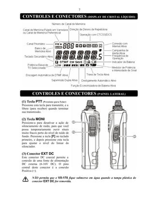 7

CONTROLES E CONECTORES (DISPLAY DE CRISTAL LÍQUIDO)




         CONTROLES E CONECTORES (PAINEL LATERAL)
(1) Tecla PTT (P ression e p ar a F alar)
Pressione esta tecla para transmitir, e a
libere (para receber) quando terminar
sua transmissão.

(2) Tecla MONI
Pressione-a para desativar a ação de
silenciamento de ruído, para que você
possa temporariamente ouvir sinais
muito fracos perto do nível de ruído de
fundo. Pressione a tecla [F] no teclado
primeiro, e depois pressione esta tecla
para ajustar o nível do limiar do
silenciador.

(3) Conector EXT DC
Este conector DC coaxial permite a
conexão de uma fonte de alimentação
DC externa (6-16V DC). O pino
central deste conector é a conexão
Positiva (+).

         NÃO permita que o VX-170 fique submerso em água quando a tampa plástica do
         conector EXT DC for removida.
 