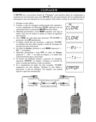 60

                                   CLONAGEM
O VX-170 tem a conveniente função de “Clonagem”, que transfere dados de configurações e
memórias de um transceptor para outro VX-170. Isto será especialmente útil na configuração de
transceptores para uma operação de serviço público. Para clonar os dados de um rádio em outro:

1. Desligue os dois rádios.
2. Conecte o cabo de clonagem confeccionado pelo operador e
   os dois Adaptadores de Microfone CT-91 opcionais (um em
   cada ponta) entre os conectores MIC/SP dos dois rádios.
3. Mantenha pressionada a tecla MONI enquanto você liga os
   rádios. Faça isto em ambos os rádios (a ordem de ligamento
   não importa).
4. Gire o DIAL em cada rádio para selecionar “F6 CLONE”, e
   pressione a tecla [F] rapidamente.
5. O display sumirá por um momento, e aparecerá “CLONE”
   nos displays dos dois rádios quando o modo de Clonagem for
   ativado com êxito neste passo.
6. No rádio de Destino, pressione a tecla MONI (aparecerá “- -
   RX - -” no display).
7. Mantenha pressionada a tecla PTT no rádio de Origem;
   aparecerá “- - TX - -” no rádio de Origem, e os dados dele
   serão transferidos para o outro rádio.
8. Se houver um problema durante o processo de clonagem,
   aparecerá “ERROR” no display. Verifique as conexões de
   cabo e a tensão das baterias, e tente novamente.
9. Se a transferência de dados for bem sucedida, “CLONE”
   reaparecerá nos dois displays. Desligue os dois rádios e
   desconecte o cabo de clonagem. Em seguida, você poderá
   ligá-los e operá-los normalmente.
 