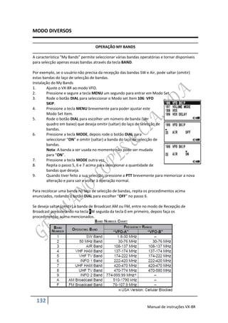 MODO DIVERSOS

                                    OPERAÇÃO MY BANDS

A característica “My Bands” permite seleccionar várias bandas operatórias e tornar disponíveis
para selecção apenas essas bandas através da tecla BAND.

Por exemplo, se o usuário não precisa da recepção das bandas SW e Air, pode saltar (omitir)
estas bandas do laço de selecção de bandas.
Instalação do My Bands
1.      Ajuste o VX-8R ao modo VFO.
2.      Pressione e segure a tecla MENU um segundo para entrar em Modo Set.
3.      Rode o botão DIAL para seleccionar o Modo set Item 106: VFO
        SKIP.
4.      Pressione a tecla MENU brevemente para poder ajustar este
        Modo Set Item.
5.      Rode o botão DIAL para escolher um número de banda (Ver
        quadro em baixo) que deseja omitir (saltar) do laço de selecção de
        bandas.
6.      Pressione a tecla MODE, depois rode o botão DIAL para
        seleccionar “ON” e omitir (saltar) a banda do laço de selecção de
        bandas.
        Nota: A banda a ser usada no momento não pode ser mudada
        para “ON”.
7.      Pressione a tecla MODE outra vez.
8.      Repita o passo 5, 6 e 7 acima para seleccionar a quantidade de
        bandas que deseja.
9.      Quando tiver feito a sua selecção, pressione a PTT brevemente para memorizar a nova
        alteração e para sair e voltar à operação normal.

Para recolocar uma banda no laço de selecção de bandas, repita os procedimentos acima
enunciados, rodando o botão DIAL para escolher “OFF” no passo 6.

Se deseja saltar (omitir) a banda de Broadcast AM ou FM, entre no modo de Recepção de
Broadcast pressionando na tecla FW seguida da tecla 0 em primeiro, depois faça os
procedimentos acima mencionados.




  132
                                                                  Manual de instruções VX-8R
 