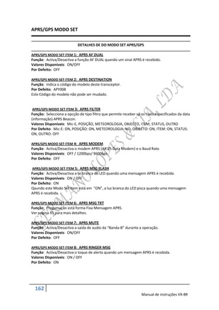 APRS/GPS MODO SET

                            DETALHES DE DO MODO SET APRS/GPS

APRS/GPS MODO SET ITEM 1: APRS AF DUAL
Função: Activa/Desactiva a função AF DUAL quando um sinal APRS é recebido.
Valores Disponíveis: ON/OFF
Por Defeito: OFF

APRS/GPS MODO SET ITEM 2: APRS DESTINATION
Função: Indica o código do modelo deste transceptor.
Por Defeito: APY008
Este Código do modelo não pode ser mudado.


APRS/GPS MODO SET ITEM 3: APRS FILTER
Função: Selecciona a opcção de tipo filtro que permite receber só os tipos especificados da data
(informação) APRS Beacon.
Valores Disponíveis: Mic-E, POSIÇÃO, METEOROLOGIA, OBJECTO, ITEM, STATUS, OUTRO
Por Defeito: Mic-E: ON, POSIÇÃO: ON, METEOROLOGIA: NO, OBJECTO: ON, ITEM: ON, STATUS:
ON, OUTRO: OFF

APRS/GPS MODO SET ITEM 4: APRS MODEM
Função: Activa/Desactiva o modem APRS (AX.25 Data Modem) e o Baud Rate.
Valores Disponíveis: OFF / 1200bps/ 9600bps
Por Defeito: OFF

APRS/GPS MODO SET ITEM 5: APRS MSG FLASH
Função: Activa/Desactiva a liz branca do LED quando uma mensagem APRS é recebida.
Valores Disponíveis: ON / OFF
Por Defeito: ON
Qaundo este Modo Set Item está em “ON”, a luz branca do LED pisca quando uma mensagem
APRS é recebida.

APRS/GPS MODO SET ITEM 6: APRS MSG TXT
Função: Progamação está forma Fixa Mensagem APRS.
Ver pagina 91 para mais detalhes.

APRS/GPS MODO SET ITEM 7: APRS MUTE
Função: Activa/Desactiva a saida de audio da “Banda-B” durante a operação.
Valores Disponíveis: ON/OFF
Por Defeito: OFF

APRS/GPS MODO SET ITEM 8: APRS RINGER MSG
Função: Activa/Desactiva o toque de alerta quando um mensagem APRS é recebida.
Valores Disponíveis: ON / OFF
Por Defeito: ON




  162
                                                                  Manual de instruções VX-8R
 