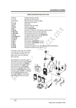 ACESSÓRIOS & OPÇÕES

                               OPÇÕES DISPONÍVEIS PARA O SEU VX-8R

 FGPS-2                  Unidade de Antena de GPS
 CT-136                  Apatador de Antena de GPS
 MH-74A7A                Microfone/coluna á Prova de Água
 CT-131                  Adaptador de microfone
 CT-134                  Clone cable
 CN-3                    Adaptador BNC-para-SMA
 CSC-93                  Capa de protecção
 BU-1                    Unidade BLUETOOTH®
 FBA-39                  Caixa para 3 x Baterias “AA” (baterias não fornecidas)
 FNB-101LI               Pack de Bateria Lítio-iõn (7.4V/1,100 mAh)
11) FNB-102LI             Pack de Bateria Lítio-iõn (7.4V/1,800 mAh)
12) CD-41                 Carregador Rápido (neccessita NC-86B/C/U)
13) NC-86B/C/U *          Carregador de Bateria para CD-41
14) E-DC-5B               Cabo DC com Filtro de Rúido
15) E-DC-6                Cabo DC (só ficha e cabo)
16) BH-2                  Auscultadores BLUETOOTH® (mono)
17) BH-1                  Auscultadores BLUETOOTH® (stereo)
18) FEP-4                 Auricular para BH-1
19) CD-40                 Suporte de Carregador para o BH-1/bh-2 (necessita NC-85B/C/U)
20) CD-40                 Carregador de Bateria para o CD-40

*”B” Sufixo é para usar com o 120VAC
( Ficha Tipo-A), “C” sufixo é para usar
com o 230 VAC (FichaTipo-C), e “U”
sufixo é para usar com o 230 VAC
(Ficha Tipo-BF).

Disponíbilidade de acessórios pode
variar.Alguns acessórios são fornecidos
como por norma para necessidade
local, enquanto outros podem nem
estar disponível em outras regiões.
Consulte o seu Representante Yaesu
para mais detalhes sobre essas opcões
e qualquer outra novidade. A utilização
de acessórios não validados pela
Yaesu, caso danifique o transceptor
pode anular a Garantia do mesmo.




      8
                                                                      Manual de instruções VX-8R
 