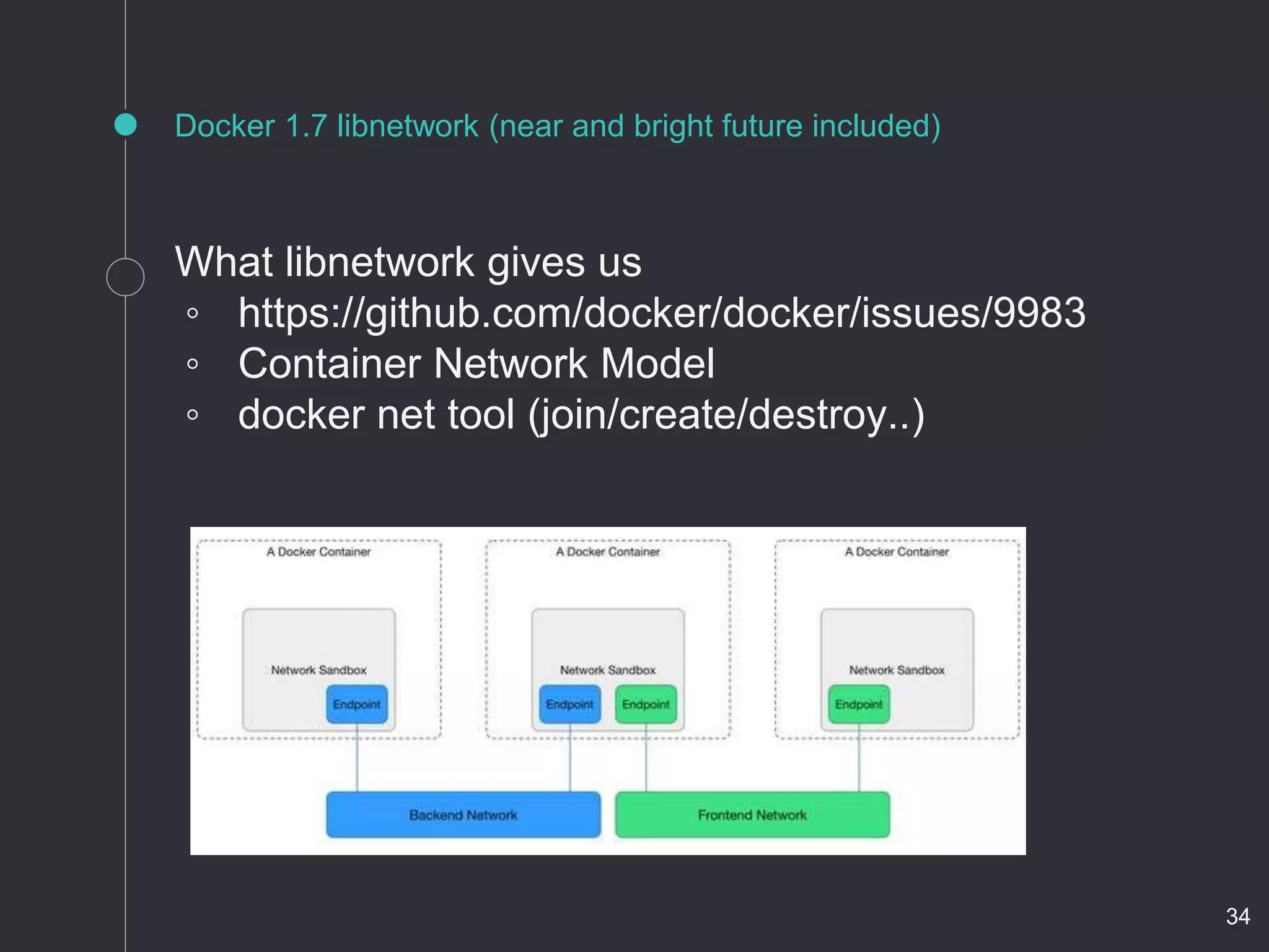 Docker 1.7 libnetwork (near and bright future included)
What libnetwork gives us
◦ https://github.com/docker/docker/issues/9983
◦ Container Network Model
◦ docker net tool (join/create/destroy..)
34
 