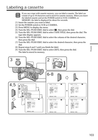 Labeling a cassette
               If you use a tape with cassette memory, you can label a cassette. The label can
               consist of up to 10 characters and is stored in cassette memory. When you insert
               the labeled cassette and set the POWER switch to VCR, CAMERA, or
               MEMORY, the label is displayed for about five seconds.
     (1)   Insert the cassette you want to label.
     (2)   Set the POWER switch to VCR or CAMERA.
     (3)   Press MENU to display the menu.
     (4)   Turn the SEL/PUSH EXEC dial to select        , then press the dial.
     (5)   Turn the SEL/PUSH EXEC dial to select TAPE TITLE, then press the dial. The
           tape title display appears.
     (6)   Turn the SEL/PUSH EXEC dial to select the column of the desired character,
           then press the dial.
     (7)   Turn the SEL/PUSH EXEC dial to select the desired character, then press the
           dial.




                                                                                                           Editing
     (8)   Repeat steps 6 and 7 until you finish the label.
     (9)   Turn the SEL/PUSH EXEC dial to select [SET], then press the dial.
           The label is stored in memory.



 3     MENU
                                                       2
                                                                           POWER
                                                                   VCR
                                                             (CHG)
                                                              OFF CAMERA
                                                                           MEMORY




                                                       6-8

 4,5        CM SET
             CM SEARCH
             TAPE T I TLE
             T I TLE DSPL
                                                        TAPE T I TLE
                                                           ––––––––––
                                                                                    TAPE T I TLE
                                                                                      ––––––––––

             T I TLEERASE
             I TEM ERASE
             ERASE ALL
                   CM SET
                    CM SEARCH
                    TAPE T I TLE – – – – – – – – – –
                    T I TLE DSPL
            [MENU] TEND
                    : I TLEERASE                        [MENU] : END                [MENU] : END
                     I TEM ERASE
                    ERASE ALL
                       RETURN T I TLE
                          TAPE
                                                        TAPE T I TLE                TAPE T I TLE
                             ––––––––––                                               M– – – – – – – – –
                                                           ––––––––––

                   [MENU] : END




                           [MENU] : END
                                                        [MENU] : END                [MENU] : END




                                                                                                           103
 