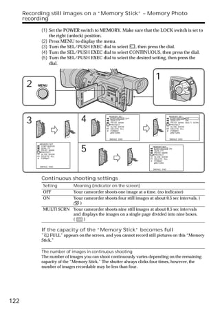 Recording still images on a “Memory Stick” – Memory Photo
      recording

             (1) Set the POWER switch to MEMORY. Make sure that the LOCK switch is set to
                 the right (unlock) position.
             (2) Press MENU to display the menu.
             (3) Turn the SEL/PUSH EXEC dial to select    , then press the dial.
             (4) Turn the SEL/PUSH EXEC dial to select CONTINUOUS, then press the dial.
             (5) Turn the SEL/PUSH EXEC dial to select the desired setting, then press the
                 dial.


                                                                         1                              POWER


       2




                                                                                               VCR
           MENU




                                                                                       (CHG)
                                                                                           OFF CAMERA
                                                                                                        MEMORY
       3                         4              MEMORY SET
                                                 CONT I NUOUS OFF
                                                 QUAL I TY
                                                 PR I NT MARK
                                                 PROTECT
                                                                                       MEMORY SET
                                                                                        CONT I NUOUS OFF
                                                                                        QUAL I TY    ON
                                                                                        PR I NT MARK MULT I SCRN
                                                                                        PROTECT
                                                 SL I DE SHOW                           SL I DE SHOW
                                                 DELETE ALL                             DELETE ALL
                                                 FORMAT                                 FORMAT
                                                  RETURN                                 RETURN


                                                [MENU] : END                           [MENU] : END

            MEMORY SET


                                 5
             CONT I NUOUS                                              MEMORY SET
             QUAL I TY                                                  CONT I NUOUS ON
             PR I NT MARK                                               QUAL I TY
             PROTECT                                                    PR I NT MARK
             SL I DE SHOW                                               PROTECT
             DELETE ALL                                                 SL I DE SHOW
             FORMAT                                                     DELETE ALL
                                                                        FORMAT
                                                                         RETURN
            [MENU] : END
                                                                        [MENU] : END




             Continuous shooting settings
              Setting    Meaning (indicator on the screen)
              OFF        Your camcorder shoots one image at a time. (no indicator)
              ON         Your camcorder shoots four still images at about 0.5 sec intervals. (
                            )
              MULTI SCRN Your camcorder shoots nine still images at about 0.5 sec intervals
                         and displays the images on a single page divided into nine boxes.
                         (    )

             If the capacity of the “Memory Stick” becomes full
             ”    FULL” appears on the screen, and you cannot record still pictures on this “Memory
             Stick.”

             The number of images in continuous shooting
             The number of images you can shoot continuously varies depending on the remaining
             capacity of the “Memory Stick.” The shutter always clicks four times, however, the
             number of images recordable may be less than four.




122
 