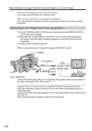 Recording an image from a mini DV tape as a still image

             Titles that are already recorded on mini DV tapes
             You cannot record the titles on a “Memory Stick.”

             When you press PHOTO on the Remote Commander
             Your camcorder immediately records the image that is on the screen when you press
             the button.

       Recording a still image from other equipment
             (1) Set the POWER switch to VCR on your camcorder and set DISPLAY in           to
                 LCD in the menu settings.
             (2) Play back the recorded tape, or turn the TV on to see the desired program.
                 The picture from the other equipment appears on the LCD screen or in the
                 viewfinder.
             (3) Follow steps 3 and 4 on page 127.

             When recording an image through the VIDEO jack

                                     S VIDEO



                                           (not supplied)
                                                                    OUT
                                                                       S VIDEO
                               VIDEO                                   VIDEO



           : Signal flow
               Connect the yellow plug of the A/V connecting cable supplied with your camcorder to
               the video output jack on the VCR or the TV.

             Connect using an S video cable (not supplied) to obtain high-quality pictures
             With this connection, you do not need to connect the yellow (video) plug of the A/V
             connecting cable.
             Connect an S video cable (not supplied) to the S video jacks of both your camcorder and
             the VCR/TV.
             This connection produces higher quality DV format pictures.




128
 