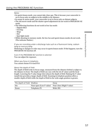 Using the PROGRAM AE function

      Notes
      •In sports lesson mode, you cannot take close-ups. This is because your camcorder is
       set to focus only on subjects in the middle to far distance.
      •In sunset & moon mode, your camcorder is set to focus only on distant subjects.
      •The old movie mode and the shutter speed adjustment do not work in PROGRAM AE
       mode.
      •The following functions do not work in low lux mode:
       – Digital effect
       – Overlap
       – Wipe
       – Dot




                                                                                                  Advanced Recording Operations
       – Spot light mode
      •While shooting in memory mode, the low lux and sports lesson modes do not work.
       (The indicator flashes.)

      If you are recording under a discharge tube such as a fluorescent lamp, sodium
      lamp or mercury lamp
      Flickering or changes in color may occur in sports lesson mode. If this happens, turn the
      PROGRAM AE function off.

      Even if the PROGRAM AE function is selected
      You can adjust the exposure.

      When you focus in telephoto
      You cannot choose F1.6 and F2.0.

      About the depth of field
      The depth of field is the in-focus range, measured from the distance behind a subject to
      the distance in front. The depth of field can vary with the iris (F value) and the focal
      length. Lowering the F value (large iris) reduces the depth of field. Raising the F value
      (small iris) provides a larger depth of field. Zooming in telephoto position offers a
      smaller depth of field while the depth of field in the wide-angle position is greater.

      The depth of field Shallow                        Deep
      Iris               Near open (Low F value)        Near close (High F value)
      Zoom               Telephoto (T)                  Wide (W)




                                                                                                            57
 