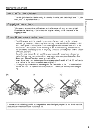 Using this manual

 Note on TV color systems
         TV color systems differ from country to country. To view your recordings on a TV, you
         need an NTSC system-based TV.




                                                                                                 Getting started
 Copyright precautions
         Television programs, films, video tapes, and other materials may be copyrighted.
         Unauthorized recording of such materials may be contrary to the provision of the
         copyright laws.

 Precautions on camcorder care
         •The LCD screen and the viewfinder are manufactured using high-precision
          technology. However, there may be some tiny black points and/or bright points
          (red, blue, green or white) that constantly appear on the LCD screen and in the
          viewfinder. These points occur normally in the manufacturing process and do
          not affect the recorded picture in any way. Effective ratio of pixels and/or screen
          is 99.99% or more.
         •Do not let your camcorder get wet. Keep your camcorder away from rain and sea
          water. Letting your camcorder get wet may cause your camcorder to malfunction.
          Sometimes this malfunction cannot be repaired [a].
         •Never leave your camcorder exposed to temperatures above 60 °C (140 °F), such as in
          a car parked in the sun or under direct sunlight [b].
         •Do not place your camcorder so as to point the viewfinder or the LCD screen or lens
          toward the sun. The inside of the viewfinder, LCD screen, or lens may be damaged
          [c].


[a]                             [b]                               [c]




 Contents of the recording cannot be compensated if recording or playback is not made due to a
 malfunction of the camcorder, video tape, etc.




                                                                                                                   7
 