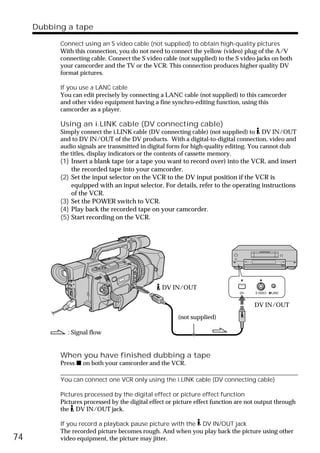 Dubbing a tape

           Connect using an S video cable (not supplied) to obtain high-quality pictures
           With this connection, you do not need to connect the yellow (video) plug of the A/V
           connecting cable. Connect the S video cable (not supplied) to the S video jacks on both
           your camcorder and the TV or the VCR. This connection produces higher quality DV
           format pictures.

           If you use a LANC cable
           You can edit precisely by connecting a LANC cable (not supplied) to this camcorder
           and other video equipment having a fine synchro-editing function, using this
           camcorder as a player.

           Using an i.LINK cable (DV connecting cable)
           Simply connect the i.LINK cable (DV connecting cable) (not supplied) to DV IN/OUT
           and to DV IN/OUT of the DV products. With a digital-to-digital connection, video and
           audio signals are transmitted in digital form for high-quality editing. You cannot dub
           the titles, display indicators or the contents of cassette memory.
           (1) Insert a blank tape (or a tape you want to record over) into the VCR, and insert
               the recorded tape into your camcorder.
           (2) Set the input selector on the VCR to the DV input position if the VCR is
               equipped with an input selector. For details, refer to the operating instructions
               of the VCR.
           (3) Set the POWER switch to VCR.
           (4) Play back the recorded tape on your camcorder.
           (5) Start recording on the VCR.




                                                 DV IN/OUT
                                                                               DV    S VIDEO   LANC



                                                                                     DV IN/OUT

                                                        (not supplied)

             : Signal flow


           When you have finished dubbing a tape
           Press x on both your camcorder and the VCR.

           You can connect one VCR only using the i.LINK cable (DV connecting cable)

           Pictures processed by the digital effect or picture effect function
           Pictures processed by the digital effect or picture effect function are not output through
           the DV IN/OUT jack.

           If you record a playback pause picture with the DV IN/OUT jack
           The recorded picture becomes rough. And when you play back the picture using other
74         video equipment, the picture may jitter.
 