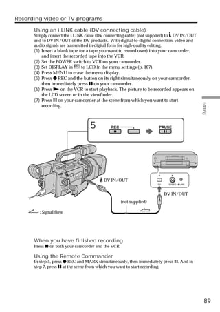 Recording video or TV programs

      Using an i.LINK cable (DV connecting cable)
      Simply connect the i.LINK cable (DV connecting cable) (not supplied) to DV IN/OUT
      and to DV IN/OUT of the DV products. With digital-to-digital connection, video and
      audio signals are transmitted in digital form for high-quality editing.
      (1) Insert a blank tape (or a tape you want to record over) into your camcorder,
          and insert the recorded tape into the VCR.
      (2) Set the POWER switch to VCR on your camcorder.
      (3) Set DISPLAY in       to LCD in the menu settings (p. 107).
      (4) Press MENU to erase the menu display.
      (5) Press z REC and the button on its right simultaneously on your camcorder,
          then immediately press X on your camcorder.
      (6) Press N on the VCR to start playback. The picture to be recorded appears on
          the LCD screen or in the viewfinder.
      (7) Press X on your camcorder at the scene from which you want to start




                                                                                            Editing
          recording.



                                  5          REC                     PAUSE




                                         DV IN/OUT
                                                                     DV    S VIDEO   LANC



                                                                          DV IN/OUT
                                                    (not supplied)

        : Signal flow




      When you have finished recording
      Press x on both your camcorder and the VCR.

      Using the Remote Commander
      In step 5, press z REC and MARK simultaneously, then immediately press X. And in
      step 7, press X at the scene from which you want to start recording.




                                                                                              89
 