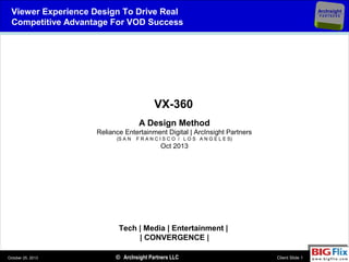 Viewer Experience Design To Drive Real
Competitive Advantage For VOD Success

ArcInsight
PARTNERS

VX-360
A Design Method
Reliance Entertainment Digital | ArcInsight Partners
(S A N

F R A N C I S C O / L O S A N G E L E S)

Oct 2013

Tech | Media | Entertainment |
| CONVERGENCE |
October 25, 2013

© ArcInsight Partners LLC

Client Slide 1

 