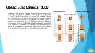 Classic Load Balancer (ELB)
Un Classic Load Balancer toma decisiones de direccionamiento bien
en la capa de transporte (TCP/SSL) o en la capa de la aplicación
(HTTP/HTTPS). En la actualidad, un Classic Load Balancer requiere
una relación fija entre el puerto del balanceador de carga y el puerto
de la instancia de contenedor. Por ejemplo, es posible asignar el
puerto 80 del balanceador de carga al puerto 3030 de la instancia de
contenedor y el puerto 4040 del balanceador de carga al puerto 4040
de la instancia de contenedor. Sin embargo, no es posible asignar el
puerto 80 del balanceador de carga al puerto 3030 en una instancia
de contenedor y al puerto 4040 en otra instancia de contenedor.
 
