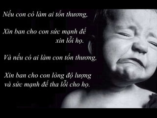 Nếu con có làm ai tổn thương,  Xin ban cho con sức mạnh để xin lỗi họ.   Và nếu có ai làm con tổn thương, Xin ban cho con lòng độ lượng và sức mạnh để tha lỗi cho họ. 
