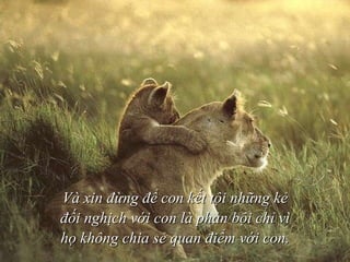 Và xin đừng để con kết tội những kẻ đối nghịch với con là phản bội chỉ vì họ không chia sẻ quan điểm với con. 