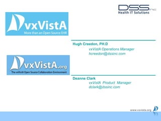 www.vxvista.org
Deanne Clark
vxVistA Product Manager
dclark@dssinc.com
Hugh Creedon, PH.D
vxVistA Operations Manager
hcreedon@dssinc.com
 