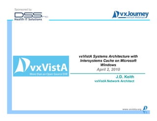www.vxvista.org
J.D. Keith
vxVistA Network Architect
vxVistA Systems Architecture with
Intersystems Cache on Microsoft
Windows
April 2, 2010
Sponsored by
 