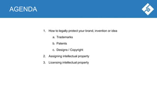 AGENDA
1. How to legally protect your brand, invention or idea
a. Trademarks
b. Patents
c. Designs / Copyright
2. Assigning intellectual property
3. Licensing intellectual property
 