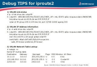Debug TIPS for iproute2
  1) VXLAN Link status
  # ip -d link show dev vxlan99
  5: vxlan99: <BROADCAST,MULTICAST,UP,LOWER...