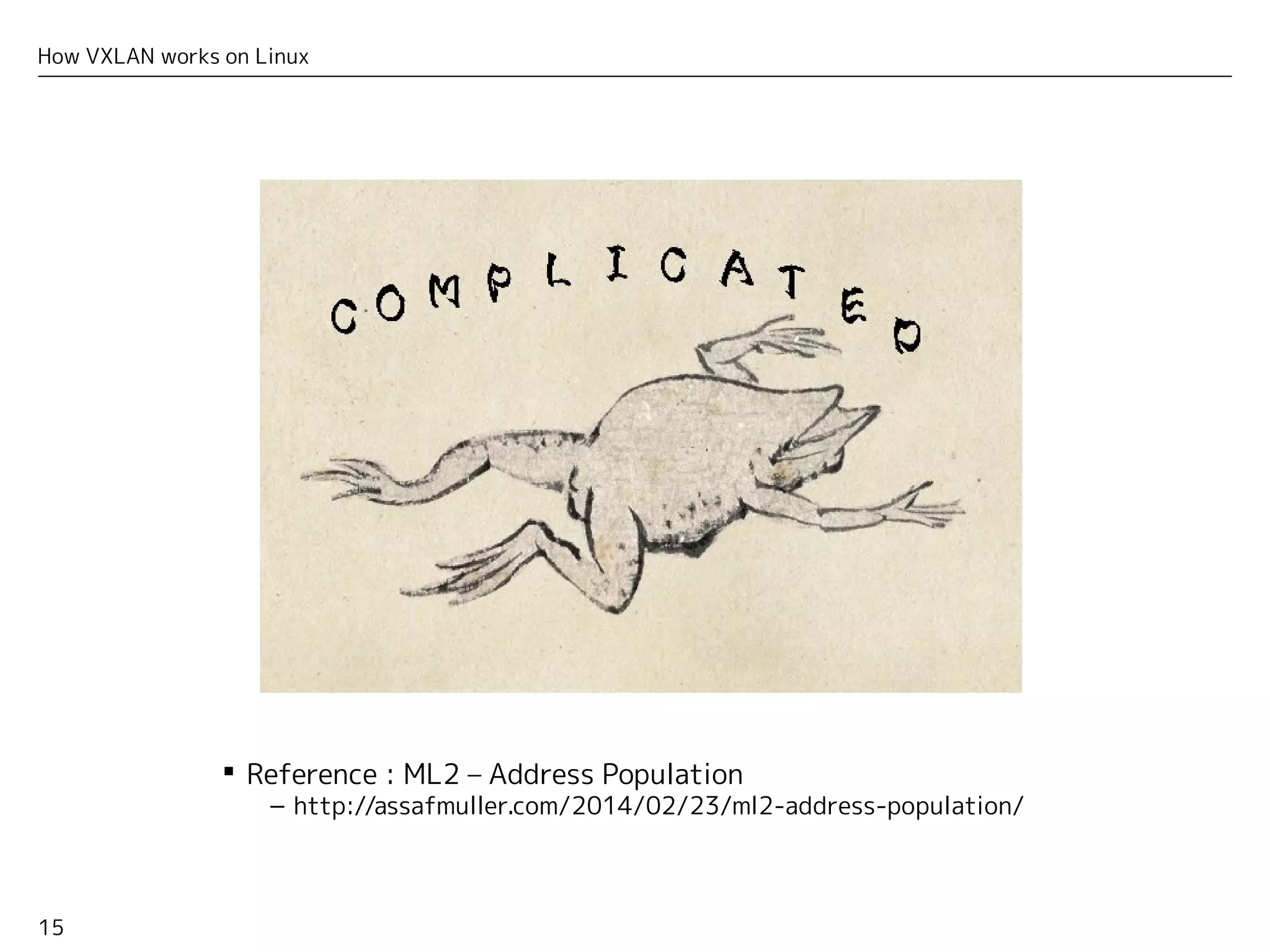 15
How VXLAN works on Linux
 Reference : ML2 – Address Population
– http://assafmuller.com/2014/02/23/ml2-address-population/
 