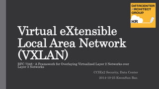 Virtual eXtensible 
Local Area Network 
(VXLAN) 
RFC 7348 - A Framework for Overlaying Virtualized Layer 2 Networks over 
Layer 3 Networks 
CCIEx2 Security, Data Center 
2014-10-25 KwonSun Bae. 
 
