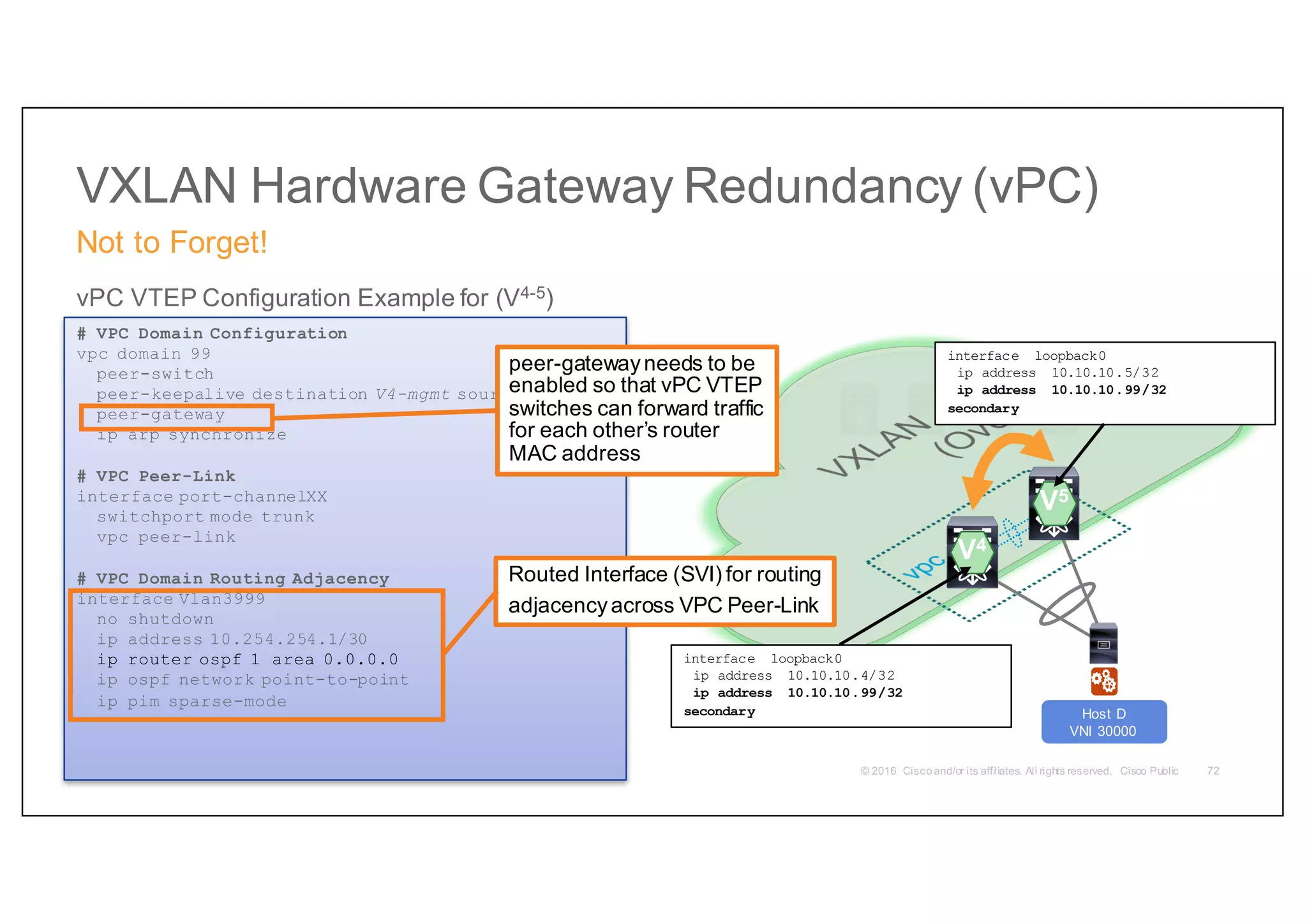 VXLAN Hardware Gateway Redundancy (vPC)
Not to Forget!
72
Host D
VNI 30000
V4
V5
vPC VTEP Configuration Example for (V4-5)
# VPC Domain Configuration
vpc domain 99
peer-switch
peer-keepalive destination V4-mgmt source v5-mgmt
peer-gateway
ip arp synchronize
# VPC Peer-Link
interface port-channelXX
switchport mode trunk
vpc peer-link
# VPC Domain Routing Adjacency
interface Vlan3999
no shutdown
ip address 10.254.254.1/30
ip router ospf 1 area 0.0.0.0
ip ospf network point-to-point
ip pim sparse-mode
interface loopback0
ip address 10.10.10.5/32
ip address 10.10.10.99/32
secondary
interface loopback0
ip address 10.10.10.4/32
ip address 10.10.10.99/32
secondary
Routed Interface (SVI) for routing
adjacencyacross VPC Peer-Link
peer-gatewayneeds to be
enabled so that vPC VTEP
switches can forward traffic
for each other’s router
MAC address
 