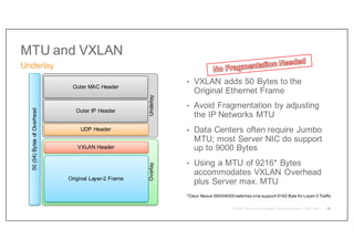 MTU and VXLAN
Underlay
• VXLAN adds 50 Bytes to the
Original Ethernet Frame
• Avoid Fragmentation by adjusting
the IP Networks MTU
• Data Centers often require Jumbo
MTU; most Server NIC do support
up to 9000 Bytes
• Using a MTU of 9216* Bytes
accommodates VXLAN Overhead
plus Server max. MTU
25
Underlay
Outer IP Header
Outer MAC Header
UDP Header
VXLAN Header
Original Layer-2 Frame
Overlay
50
(54)
Bytes
of
Overhead
*Cisco Nexus 5600/6000switches only support 9192 Byte for Layer-3 Traffic
 