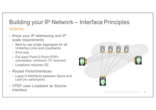 Building your IP Network – Interface Principles
• Know your IP addressing and IP
scale requirements
• Best to use single Aggregate for all
Underlay Links and Loopbacks
• IPv4 only
• For each Point-2-Point (P2P)
connection, minimum /31 required
• Loopback requires /32
• Routed Ports/Interfaces
• Layer-3 Interfaces between Spine and
Leaf (no switchport)
• VTEP uses Loopback as Source-
Interface
Underlay
26
V2
V1
V3
 