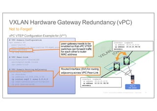 VXLAN Hardware Gateway Redundancy (vPC)
Not to Forget!
72
Host D
VNI 30000
V4
V5
vPC VTEP Configuration Example for (V4-5)
# VPC Domain Configuration
vpc domain 99
peer-switch
peer-keepalive destination V4-mgmt source v5-mgmt
peer-gateway
ip arp synchronize
# VPC Peer-Link
interface port-channelXX
switchport mode trunk
vpc peer-link
# VPC Domain Routing Adjacency
interface Vlan3999
no shutdown
ip address 10.254.254.1/30
ip router ospf 1 area 0.0.0.0
ip ospf network point-to-point
ip pim sparse-mode
interface loopback0
ip address 10.10.10.5/32
ip address 10.10.10.99/32
secondary
interface loopback0
ip address 10.10.10.4/32
ip address 10.10.10.99/32
secondary
Routed Interface (SVI) for routing
adjacencyacross VPC Peer-Link
peer-gatewayneeds to be
enabled so that vPC VTEP
switches can forward traffic
for each other’s router
MAC address
 