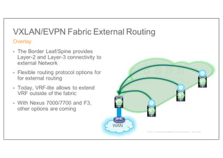 VXLAN/EVPN Fabric External Routing
• The Border Leaf/Spine provides
Layer-2 and Layer-3 connectivity to
external Network
• Flexible routing protocol options for
for external routing
• Today, VRF-lite allows to extend
VRF outside of the fabric
• With Nexus 7000/7700 and F3,
other options are coming
Overlay
VBL
WAN
V2
V1
V3
 