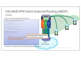 VXLAN/EVPN Fabric External Routing (eBGP)
Overlay
V2
V1
V3
VBL
WAN
AS# 65599
VRF
A
VRF
B
VRF
C
Border Leaf Configuration Example
# Sub-Interface Configuration
interface Ethernet1/1
no switchport
interface Ethernet1/1.10
mtu 9216
encapsulation dot1q 10
vrf member VRF-A
ip address 10.254.254.1/30
# eBGP Configuration
router bgp 65500
…
vrf VRF-A
address-family ipv4 unicast
advertise l2vpn evpn
aggregate-address 10.0.0.0/8 summary-only
neighbor 10.254.254.2 remote-as 65599
update-source Ethernet1/1.10
address-family ipv4 unicast
*
*Ensure that non-necessary routes are not advertised towards the External Network
Advertise external learned routes
into EVPN (Route-Type 5)
 