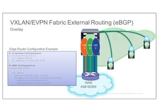 VXLAN/EVPN Fabric External Routing (eBGP)
Overlay
V2
V1
V3
VBL
WAN
AS# 65599
VRF
A
VRF
B
VRF
C
Edge Router Configuration Example
# Interface Configuration
interface Ethernet1/1
vrf member VRF-A
ip address 10.254.254.2/30
# eBGP Configuration
router bgp 65599
…
vrf VRF-A
address-family ipv4 unicast
neighbor 10.254.254.2 remote-as 65500
update-source Ethernet1/1
address-family ipv4 unicast
 