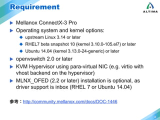 Requirement 
 Mellanox ConnectX-3 Pro 
 Operating system and kernel options: 
 upstream Linux 3.14 or later 
 RHEL7 beta snapshot 10 (kernel 3.10.0-105.el7) or later 
 Ubuntu 14.04 (kernel 3.13.0-24-generic) or later 
 openvswitch 2.0 or later 
 KVM Hypervisor using para-virtual NIC (e.g. virtio with 
vhost backend on the hypervisor) 
 MLNX_OFED (2.2 or later) installation is optional, as 
driver support is inbox (RHEL 7 or Ubuntu 14.04) 
参考：http://community.mellanox.com/docs/DOC-1446 
4 
 