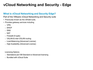 vCloud Networking and Security - Edge
What is vCloud Networking and Security Edge?
Part of the VMware vCloud Networking and Security suite
• Previously known as the vShield suite.
• Provides gateway services including
– VPN
– DHCP
– DNS
– NAT
– Firewall (5 tuple)
– VXLAN & inter-VXLAN routing
– Load-Balancing (Advanced License)
– High Availability (Advanced License)

Licensing Options
– Standalone per-VM Standard or Advanced licensing
– Bundled with vCloud Suite

 