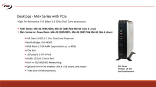  VIA Eden U4200 1.0 GHz Dual Core Processor
 North Bridge: VIA VX900
 8 GB Flash / 2 GB RAM (expandable up to 4GB)
 PCIe Slot
 1 Display & 1 DVI-I Port
 6 USB (2.0) & 1 Serial Port
 Built-in 10/100/1000 Networking
 Optional mini PCIe wireless LAN & USB smart card reader
 Three year limited warranty
Md+ Series
VIA Eden 1.0 GHz
Dual Core Processor
Desktops - Md+ Series with PCIe
High Performance VIA Eden 1.0 GHz Dual Core processor.
 Md+ Series: Md+26 (WES2009), Md+27 (WES7) & Md+64 ( Gio 6 Linux)
 Md+ Series inc. PowerTerm: Md+23 (WES2009), Md+24 (WES7) & Md+65 (Gio 6 Linux)
 
