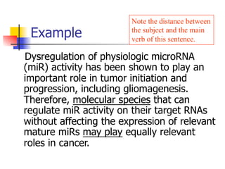 Note the distance between 
the subject and the main 
verb of this sentence. 
Example 
Dysregulation of physiologic microRNA 
(miR) activity has been shown to play an 
important role in tumor initiation and 
progression, including gliomagenesis. 
Therefore, molecular species that can 
regulate miR activity on their target RNAs 
without affecting the expression of relevant 
mature miRs may play equally relevant 
roles in cancer. 
 